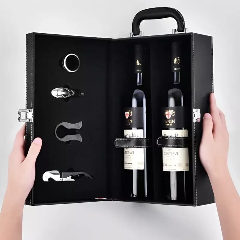 Juego de vino de lujo, 2 botellas de vino, funda de cuero, embalaje de regalo