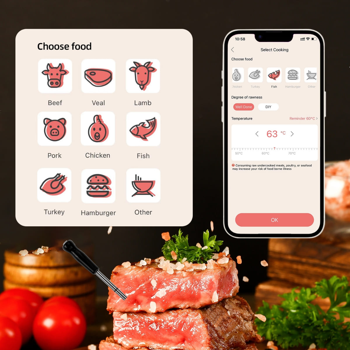 Termómetro inalámbrico para carne - aplicación para teléfono móvil