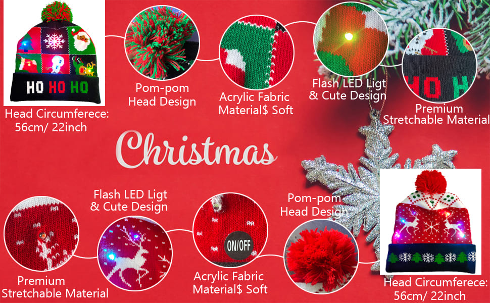 ho ho ho gorros navideños de invierno con pompones con led